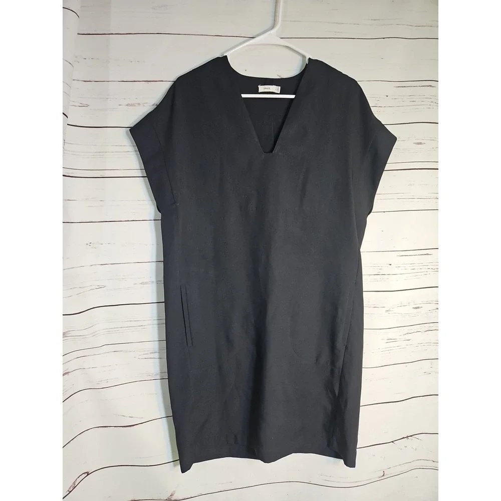 Vince Women Black V-Neck Cap Sleeve Shift‎ Dress with Pockets XS V3450-50675